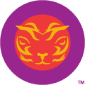 Stylized tiger head logo with wide
round purple frame with out text around a bright red solid circle with a stylized curry yellow tiger
in the center.